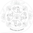 "Fabius liebt das Meer!" Amüsantes Mandala mit fröhlichem Fisch und Muscheln, eingerahmt von Blasen und Algen.