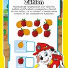 Text: "Zählen. Marshall hat versehentlich den Korb mit Äpfeln und Zwiebeln umgeworfen. Kannst du ihm helfen, sie zu zählen? Schreibe deine Antwort in das vorgesehene Kästchen."

Illustration: Ein Hund in Feuerwehrkleidung, fünf Äpfel, vier Zwiebeln.
