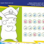 Text links: "Male Captain Pikachu bunt aus!"  
Text rechts: "Welcher Pokémon kommt als Nächstes?"  
Illustration: Captain Pikachu mit Kappe; Puzzle mit Pokémon-Muster.