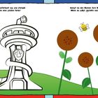 Male die Zentrale bunt aus; Blumen bestempeln: Links ein Hund in Uniform, rechts Blumen mit Bienen.