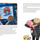 Zwei Spione beobachten ein Magnetluftschiff auf einem Bildschirm. Unten sind ein Mann und drei Kinder mit einem Minion.