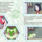 Linke Seite: Liko hält einen Pokéball, ein Felori erscheint. Rechte Seite: Liko freut sich, Felori entkommt schnell. Illustration.