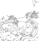 Illustration eines Einhorns auf einer Wiese, mit Blumen im Schweif, daneben zwei Figuren, die Laubhaufen bewegen.
