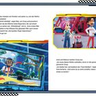 Text: Spark, Coop und Mac sahen zu, wie ein Reifen die Stadt zerstörte. Illustration: Charaktere in einer Werkstatt.