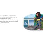 Text über Kamala, die ihren Ms.-Marvel-Anzug anzieht, um bei einem Alarm in einer Zoohandlung zu helfen. Illustration zeigt Kamala.