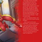 Ein Comic zeigt einen Superhelden beim Schwingen durch New York, während er einem Feind begegnet und ihn besiegt.