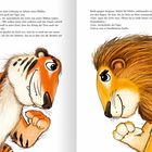 Links ein Text über ein Treffen von Löwe und Tiger im Wald. Rechts Illustration: Tiger und Löwe, sie blicken sich an.
