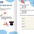 Größere Zahl mal 5? Trick: Zahl mit 10 multiplizieren, Ergebnis durch 2 teilen. Beispiele: 32x5=160, 84x5=420. Aufgaben: 42, 13, 92, 2600 x 5. Illustration von Zaubertrick-Themen.