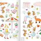 Zwei Illustrationen von spielenden Kindern mit Tieren, Blumen, Schmetterlingen, einem Sonnenschirm und einem Tisch mit Hocker.