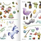 Seite 4+5: Kinder, Eicheln, Torte; Seite 6+7: Einhorn, Blumen; Seite 8+9: Geister, Laternen; Seite 10+11: Gießkannen, Besen.