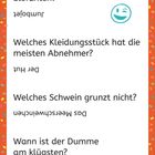 Humorvolle Fragen und Antworten, einige umgedreht: fliegende Elefanten-"Jumbojet", Kleidungsstück-"Hut". Smiley und bunter Rand.