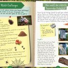 Texte: "Wald-Challenges", "Wer sieht zuerst...", "Wer macht das schönste Baumrinden-Rubbelbild?", "Du brauchst", "So geht's". Illustrationen von Naturmaterialien, Rinde, Stift, Papier und Kindern im Wald.