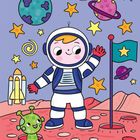 Illustration: Ein Astronaut auf einem roten Planeten, winkt neben einem grünen Alien und einer Flagge mit Stern. Bunte Planeten umgeben sie.