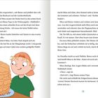 Seite mit Text über Benno, Mina und ihren Papa. Illustration: Junge mit Mütze betrachtet einen Turm aus Waffeln.