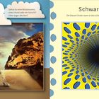 Links: "Sandformen" mit surrealistischer Landschaft. Rechts: "Schwarzes Loch", optische Täuschung mit blauen Ovalen auf Gelb.