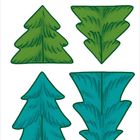 „12“ oben rechts, vier gezeichnete Tannenbaumformen, zwei grün, zwei blau. Oben gelb Symbol für Schneiden und Zeichnen.