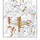 Malen nach Zahlen: Illustration mit Vögeln und Vogelhaus, umgeben von Sternen und Schneelandschaft. Zahlen 1-12 unterhalb.