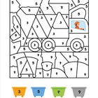 Ausmalbild mit Zahlen: 3 (Orange), 5 (Blau), 7 (Grün), 9 (Grau). Zug mit einer Figur im Führerhaus.