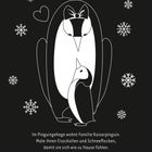 Illustration: Ein großer Pinguin mit Schleife betrachtet ein Küken, umgeben von Herzen und Schneeflocken.