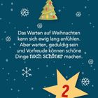 Text: "Das Warten auf Weihnachten kann sich ewig lang anfühlen..." Schneeflocken, Weihnachtsbaum, und große gelbe Stern mit "2".