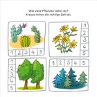 "Wie viele Pflanzen siehst du? Kreuze immer die richtige Zahl an." Illustrationen von Kakteen, Blumen, Bäumen, Tannen.