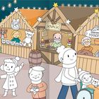 "KNACK", "GEBRANNTE MANDELN". Weihnachtsmarktbuden, Kinder, Erwachsene, Lichterketten, Weihnachtsbaum, festliche Stimmung.