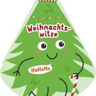 "Weihnachtswitze", "HoHoHo". Illustration eines fröhlichen Weihnachtsbaums mit Mütze, Augen und Zuckerstange.