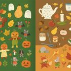 Auf grünem Hintergrund: Kürbisse, Geister, Eichhörnchen, Fledermäuse, Blätter.  
Auf braunem Hintergrund: Teekanne, Tassen, Kerze, Blätter, Fuchs, Hase mit Drachen.