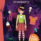 "Sticker-Anziehpuppen Gruselparty", über 200 Sticker, Illustration mit Hexenhut, Kürbis und Geistern vor einem Spukhaus.