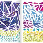 "Buchträumerin" links oben, "Zauberbuch" rechts oben. Bunte, nummerierte Dreiecke mit Sternen und Mond, collageartig angeordnet.