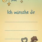 "Ich wünsche dir" über drei gepunkteten Linien, oben hängen Mond, Sterne, UFO und Planet, unten ein lächelnder Affe.