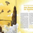 Texte: "Marie von Ebner-Eschenbach", "Ein Traum im Traume (1909)", "Mit jubelvoller Dankbarkeit pries". 

Illustration: Gelber Himmel, Luftschiffe, Wolkenkratzer.