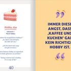 „Hobby, das. Substantiv n. Plural: Hobbys.“ Zitate über Hobbys. Kuchenstück-Illustration oben. Rechts: Gelber Hintergrund.