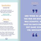 Links: "beschenken" - Verb, Zitat von Augustinus. "Bett, da" - Substantiv, Definition und Zitat. Rechts: "bisschen" - Adverb, motivierender Text.