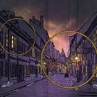 Texte: "Kammerspiele", "SEZESSION". Illustration zeigt eine abendliche Straße mit erleuchteten Fenstern und goldenen Ringen.