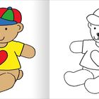 Zwei Teddybären-Illustrationen: links bunt mit Herz auf gelbem Shirt, rechts schwarz-weiß. Beide tragen eine Mütze.