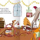 Ein Weihnachtsszenario: Tiere dekorieren und backen in einem gemütlichen Raum mit Weihnachtsbaum und Girlanden.