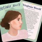"Virginia Woolf, Schriftstellerin." Illustration von Virginia Woolf im Profil, mit braunem Haar und ernstem Gesichtsausdruck.