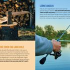 Links: "Hacke einen Tag lang Holz." Bild: Axt im Holz. 

Rechts: "Lerne Angeln." Bild: Hand mit Angel vor einem See.