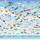 Suchbild mit vielen Flugzeugen und Heißluftballons. Fragen im unteren Bereich fordern zum Zählen und Finden auf.