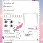 Formular mit Feldern für persönliche Infos: Name, Spitzname, Wohnort, Telefonnummer, Geburtstag, Augen- und Haarfarbe. Einhörner.