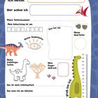 Arbeitsblatt mit Feldern: Name, Wohnort, Telefonnummer, Geburtstag, Augenfarbe, Haarfarbe, Lieblingsfarbe, Fach, Essen. Dinosaurs im Design.