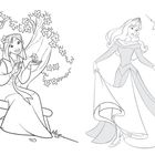 Illustration: Links sitzt eine Frau mit Blumen und kleinem Vogel, Hund daneben. Rechts steht eine Frau mit langem Kleid, kleine Feen um sie.