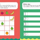 Der linke Abschnitt zeigt ein Bilderrätsel mit Früchten, der rechte Teil ist ein Bereich zum Zahlenüben.