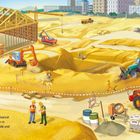Text: "Auf der Baustelle ist immer jede Menge Betrieb."

Beschreibung: Eine Baustelle mit Bauarbeitern, Baggern und LKWs. Viele Fahrzeuge und Aktivitäten.