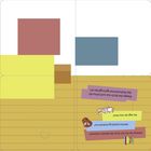 Texte: „Klampe das Buch aus und schau dir das Wohnimmer ganz genau an!“, „Wo lebt der rosa Hase?“. Illustrationen mit bunten Rechtecken, einem Spielzeughasen und einem Bücherregal.