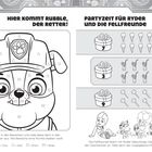 "Hier kommt Rubble, der Retter!" und "Partyzeit für Ryder und die Fellfreunde". Ein Ausmalbild mit Figuren und Geschenken.