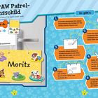 Eine Anleitung für ein PAW Patrol-Namensschild: Materialien und Schritte zur Herstellung. Enthält Illustrationen von Hunden.