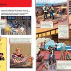 Eine Doppelseite einer bunten, illustrierten Broschüre über das Leben als Schiffsjunge. Texte beschreiben den Alltag und die Herausforderungen mit Illustrationen von Piraten.