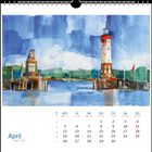 April. Kalender mit Wochenübersicht. Malerische Darstellung eines Hafens mit Leuchtturm und Löwenstatue.